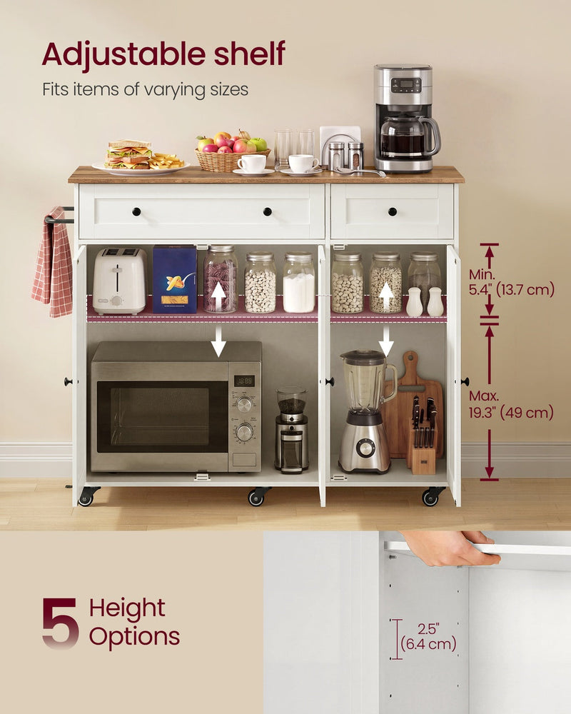 Cabinet shelf with 5 height positions, from 13.7 cm to 49 cm, holding a microwave and blender