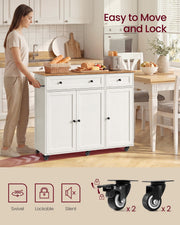 Woman pushing the kitchen island trolley across a kitchen, with swivel and lockable wheel close-ups