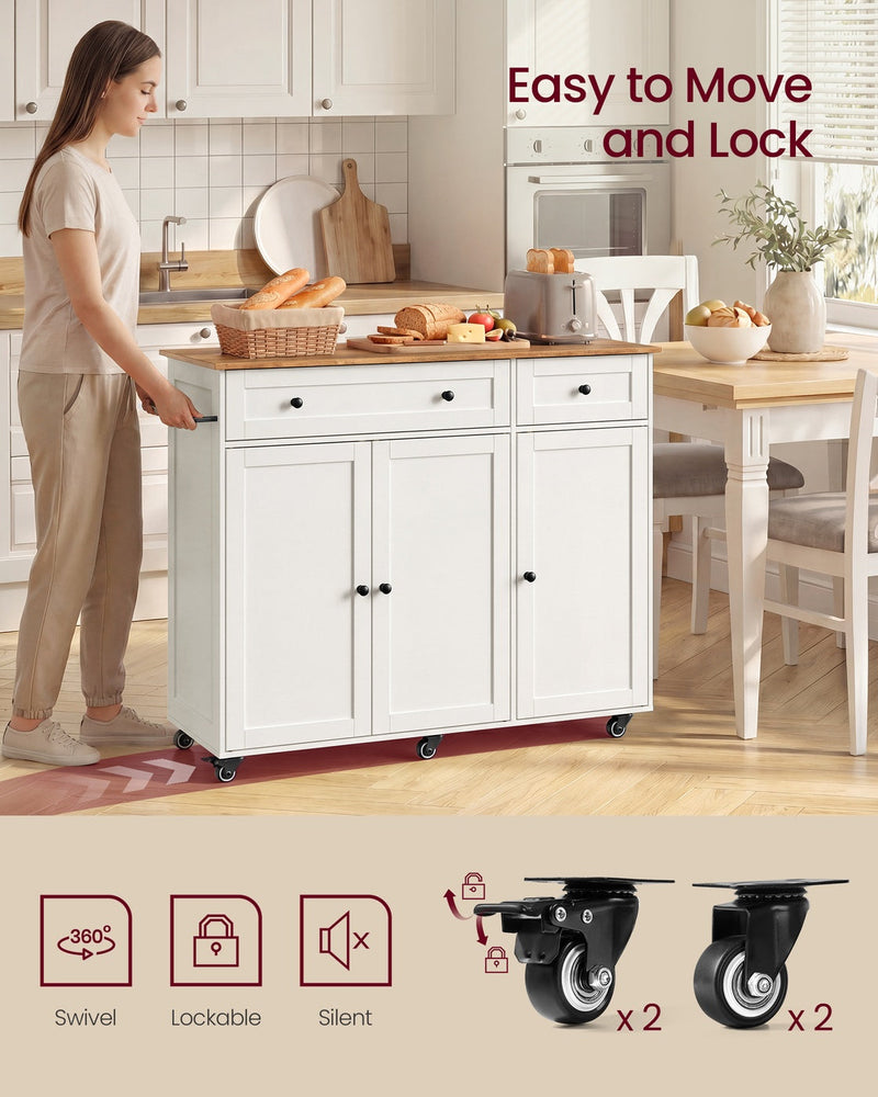Woman pushing the kitchen island trolley across a kitchen, with swivel and lockable wheel close-ups
