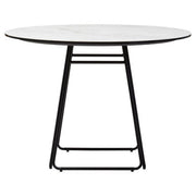 100cm round dining table with white ceramic marble effect top and black base, studio shot