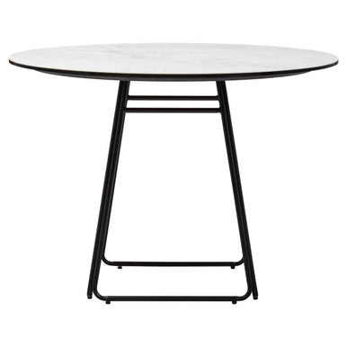 100cm round dining table with white ceramic marble effect top and black base, studio shot