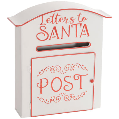 White metal Christmas postbox with red Letters to Santa and POST lettering on a plain background