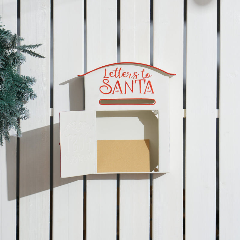 White Christmas postbox with the front door open showing a letter inside