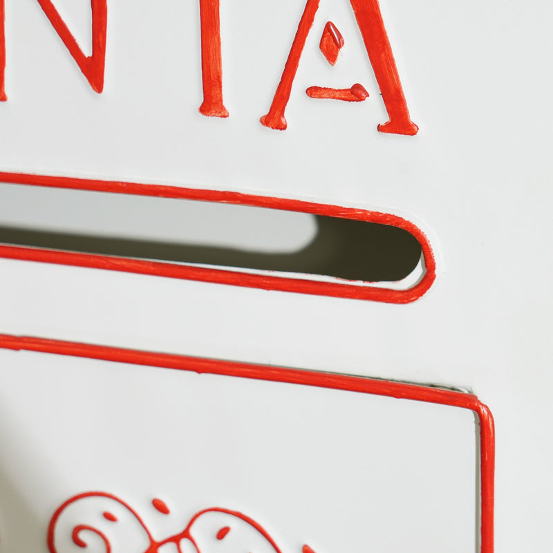 Close-up of the letter slot edge and red embossed lettering on the white postbox