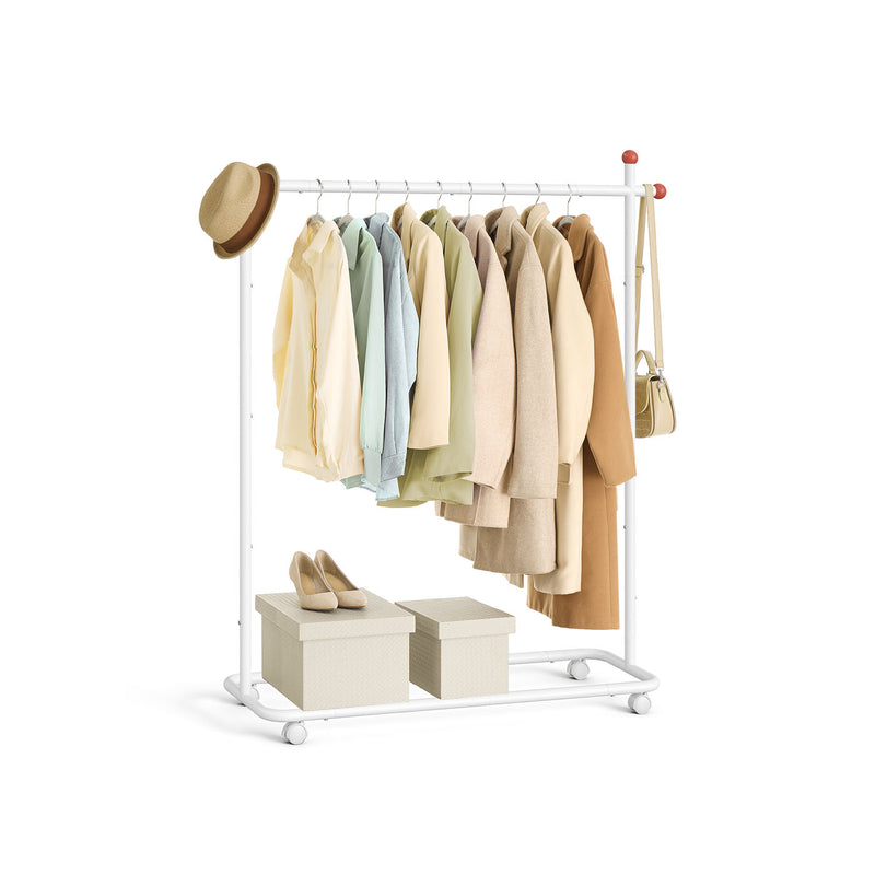 White clothes rail on wheels with hanging bar by Songmics, styled with clothes and a hat