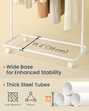 White clothes rail lower bar shown holding storage boxes and shoes