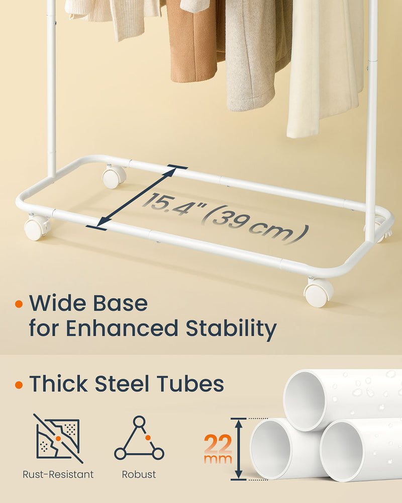 White clothes rail lower bar shown holding storage boxes and shoes