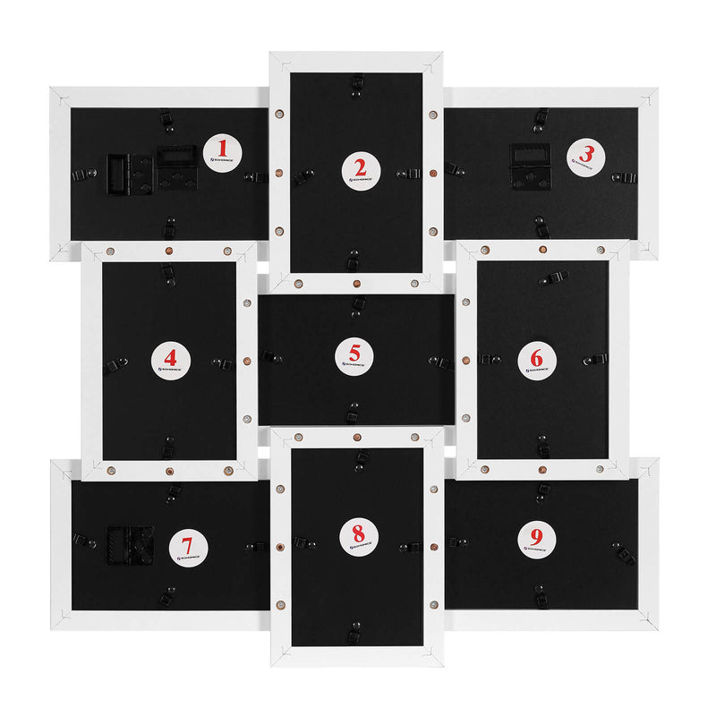 Back of the full 9-section collage frame showing all numbered mounting brackets