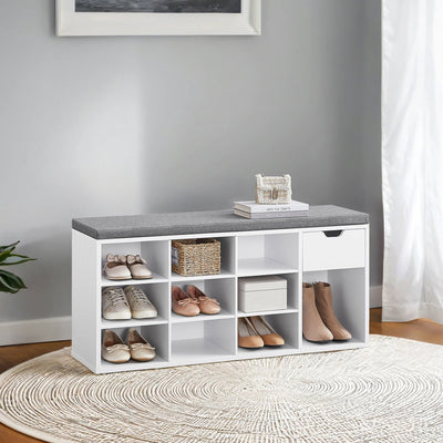 Vasagle white entryway storage bench with cushioned seat on a plain background