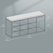 Close-up of an open storage cubby on the bench