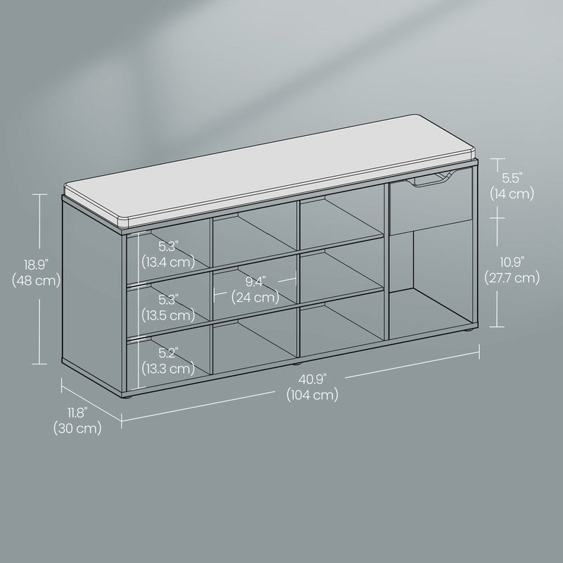 Close-up of an open storage cubby on the bench