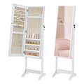 Open white jewellery cabinet showing earring slots and necklace hooks, with a closed rear view beside it