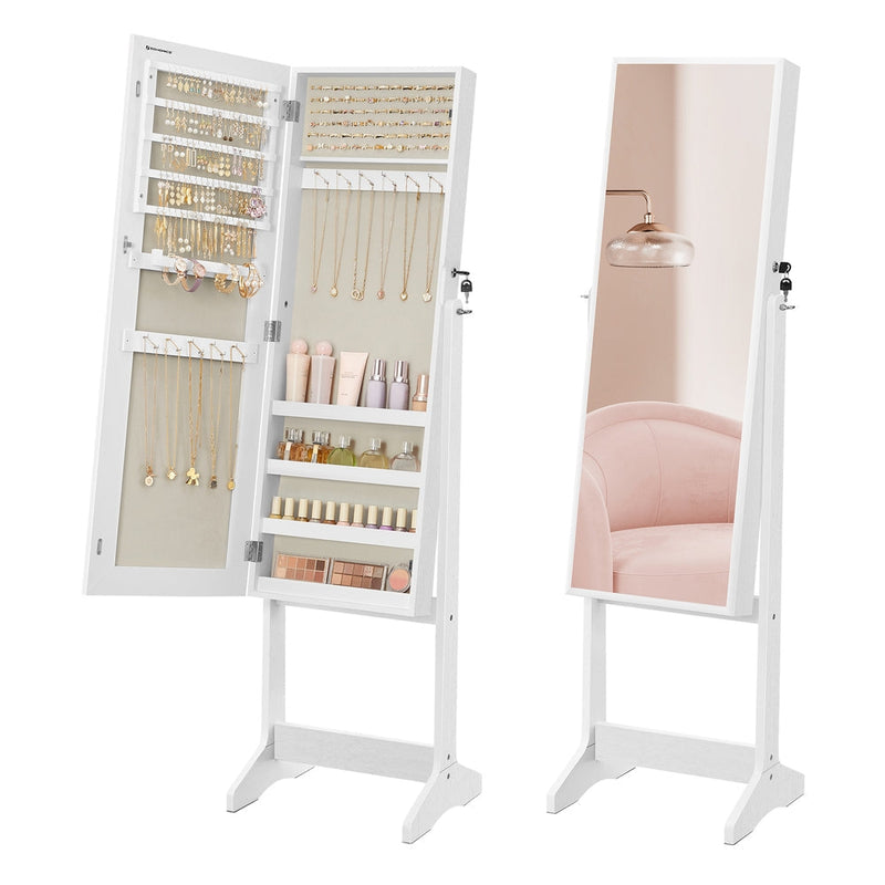 Open white jewellery cabinet showing earring slots and necklace hooks, with a closed rear view beside it