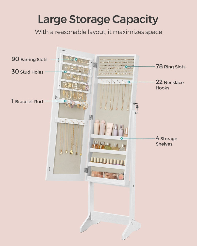 Annotated photo listing 90 earring slots, 30 stud holes, 78 ring slots and 22 necklace hooks