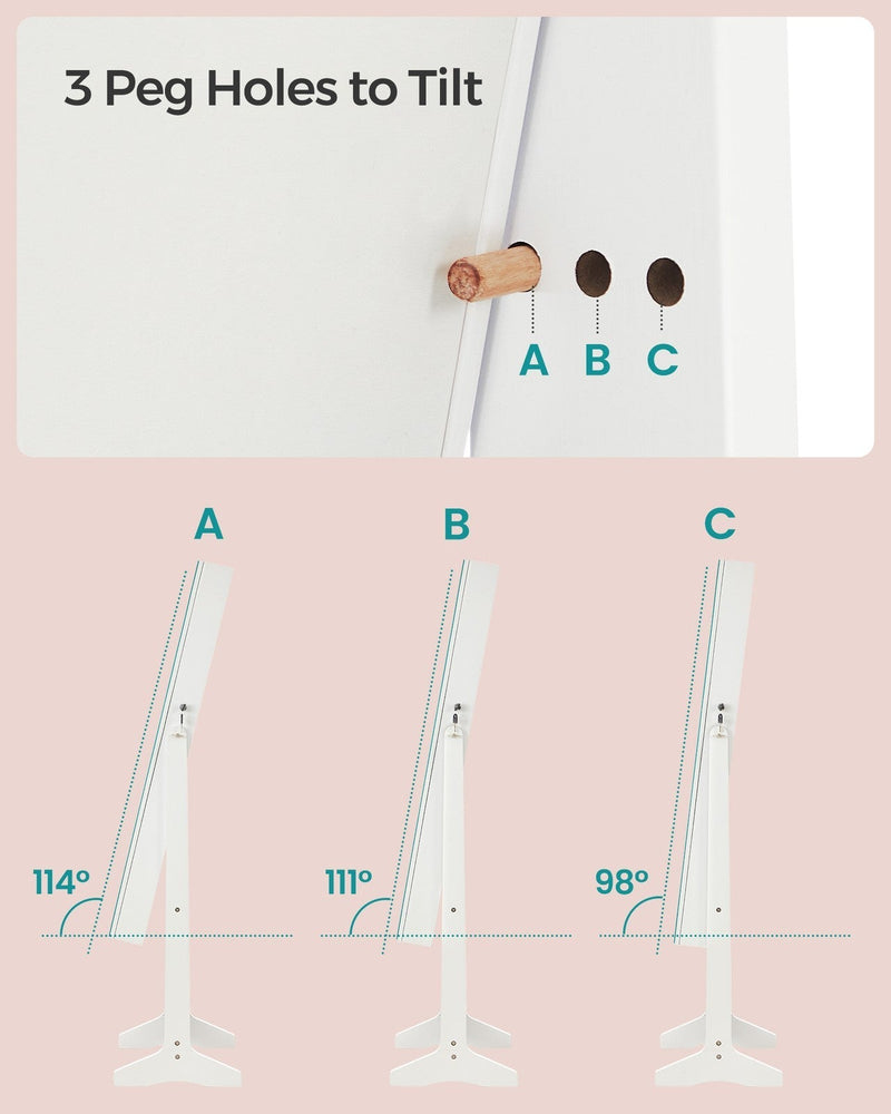 Peg hole detail and the three tilt positions setting the mirror at 98, 111 and 114 degrees