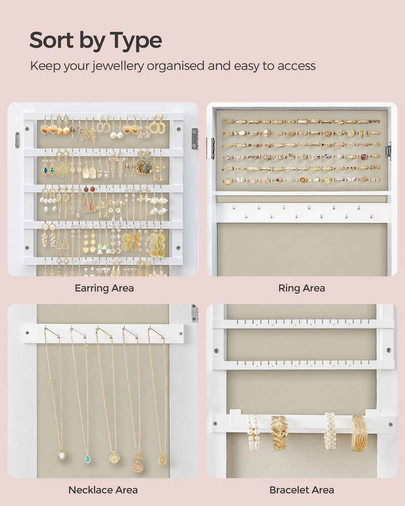 Four close-up panels showing the earring, ring, necklace and bracelet storage areas