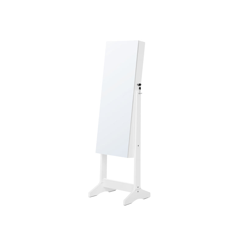 Studio shot of the closed white freestanding mirror jewellery cabinet on its stand