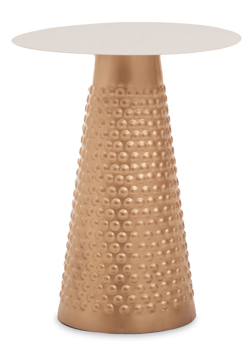 White and gold metal side table with hammered pedestal base on a plain studio background