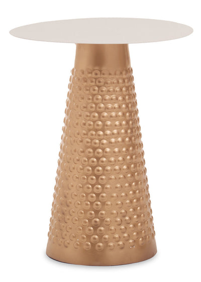 White and gold metal side table with hammered pedestal base on a plain studio background