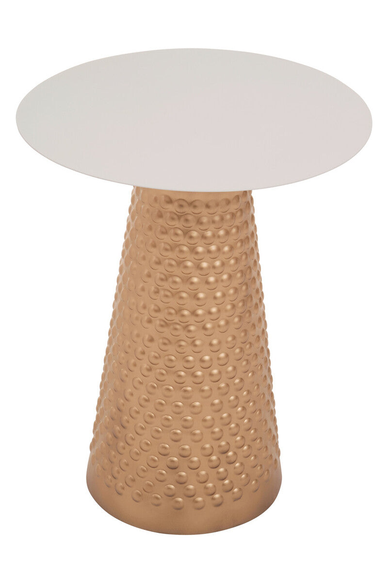 Angled studio view showing the white round top and gold hammered column base