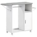 White rolling ironing board cabinet with grey ironing top and side iron rack on a white background
