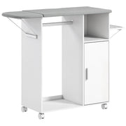 White rolling ironing board cabinet with grey ironing top and side iron rack on a white background