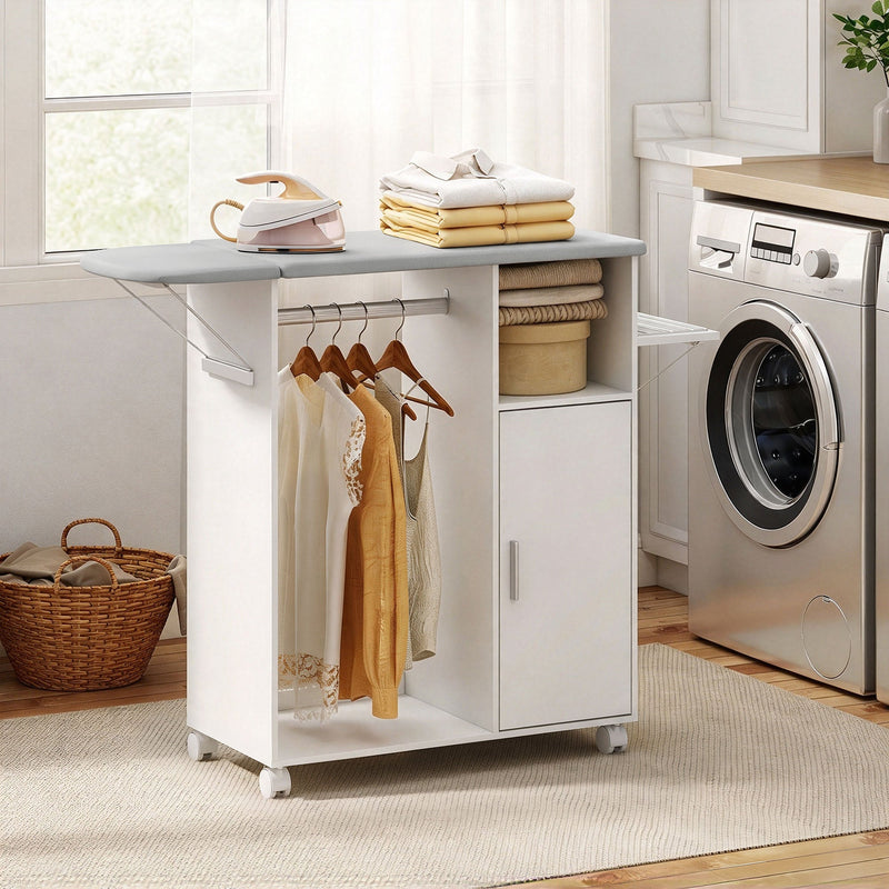 Ironing board cabinet with clothes hanging on the rail beside a washing machine