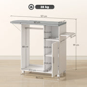 Ironing board cabinet dimensions diagram showing 127 cm unfolded width, 86.5 cm folded width, 42.5 cm depth, 99 cm height and 28 kg capacity