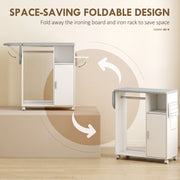 Ironing board cabinet shown unfolded and with the top and iron rack folded away