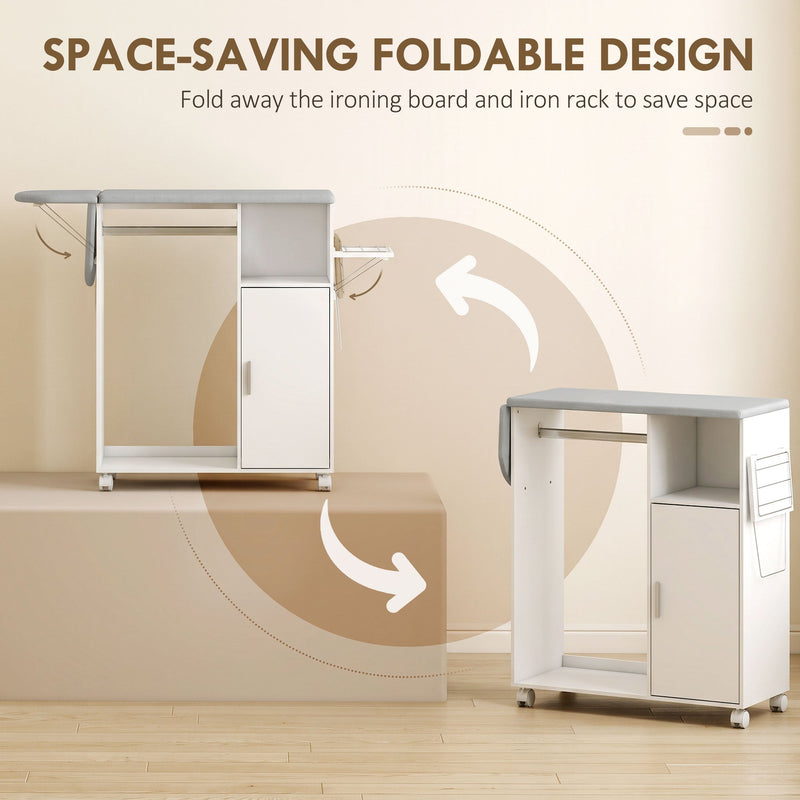 Ironing board cabinet shown unfolded and with the top and iron rack folded away