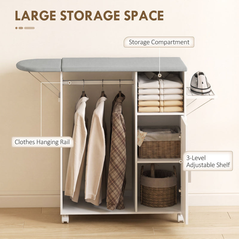 Clothes rail, storage compartment and 3-level adjustable shelf labelled on the ironing board cabinet