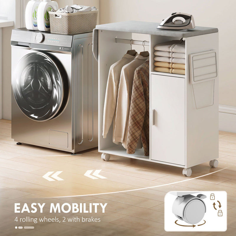 Ironing board cabinet rolling beside a washing machine on 4 wheels, 2 with brakes