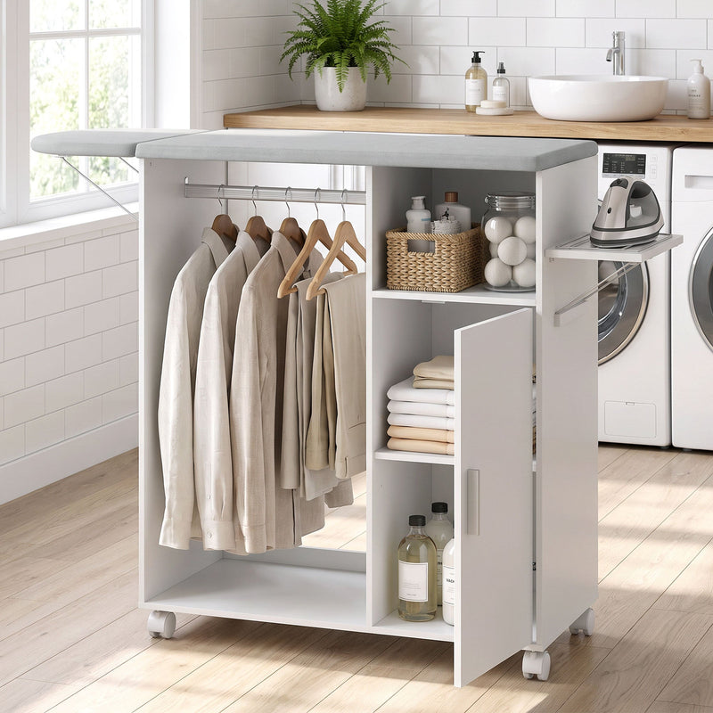Ironing board cabinet in a laundry room with hanging shirts, folded towels and an iron on the side rack