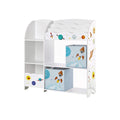 Studio shot of the white toy and book organiser with space-themed stickers and fabric drawers