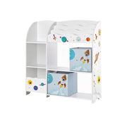 Studio shot of the white toy and book organiser with space-themed stickers and fabric drawers