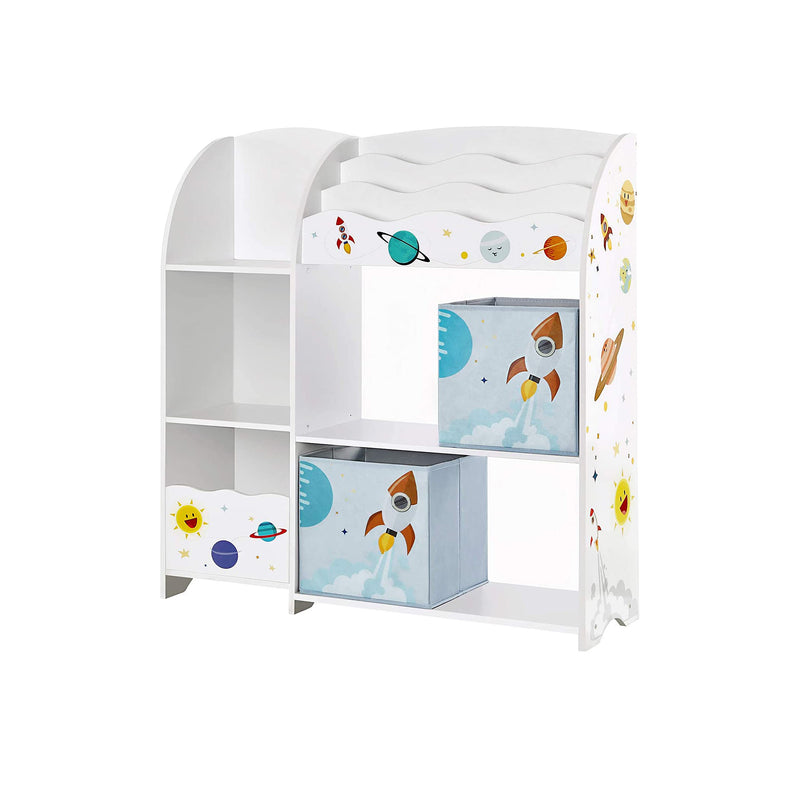 Studio shot of the white toy and book organiser with space-themed stickers and fabric drawers