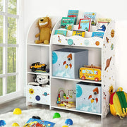 Toy and book organiser styled in a children's bedroom with books and toys on display