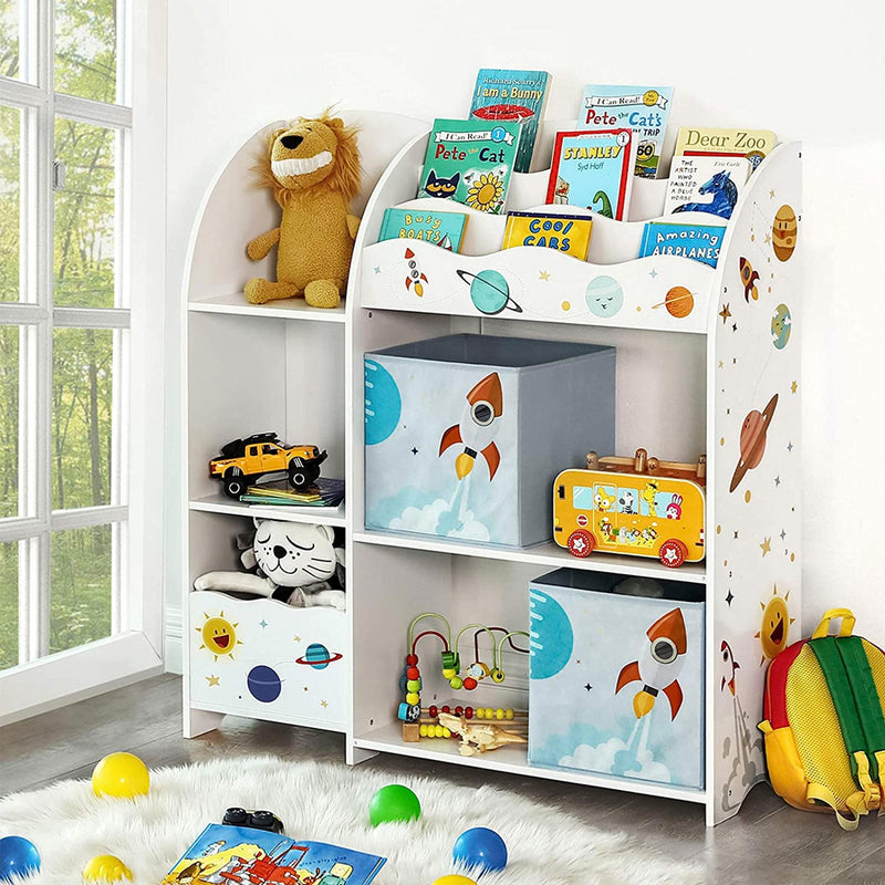 Toy and book organiser styled in a children's bedroom with books and toys on display