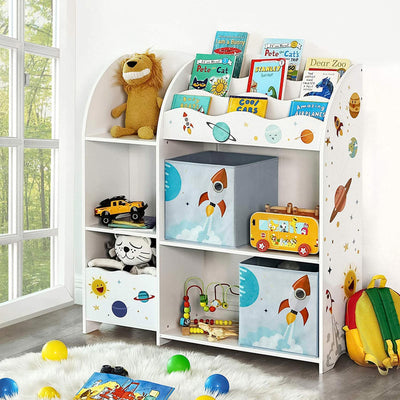 Toy and book organiser styled in a children's bedroom with books and toys on display