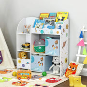 Close-up of the tilted book slots holding children's books face-out