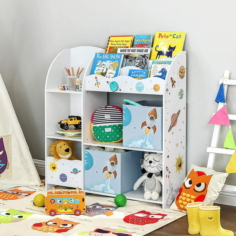 Close-up of the tilted book slots holding children's books face-out