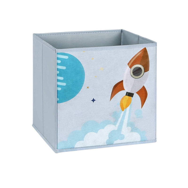 Close-up of a fabric storage drawer with a rocket print pulled out from the unit