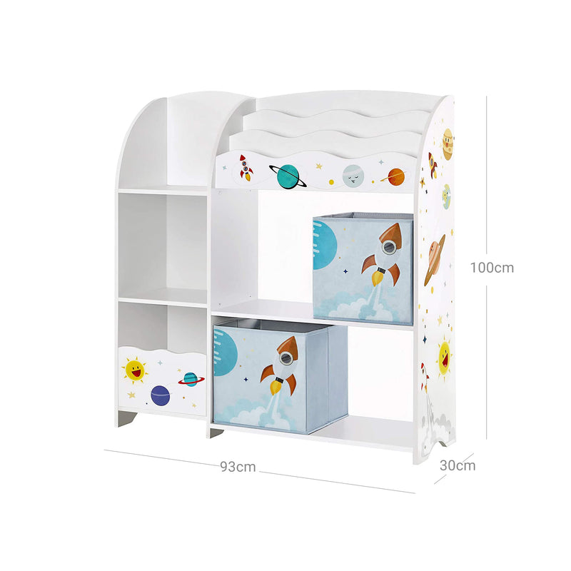 Dimensions diagram showing the layout of the toy and book organiser