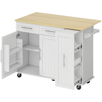 White rolling kitchen island with drop leaf, open doors and pull-out shelves on a plain background