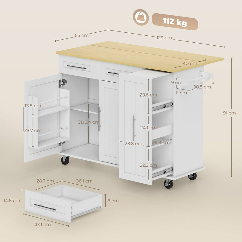 Dimensions diagram of the kitchen island showing 129 cm width, 65 cm depth, 91 cm height and 112 kg load