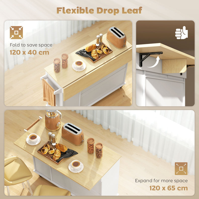 Drop leaf close-ups showing the 120 x 40 cm folded top and 120 x 65 cm extended top