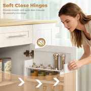 Woman closing a soft-close kitchen island door over a shelf of spice jars