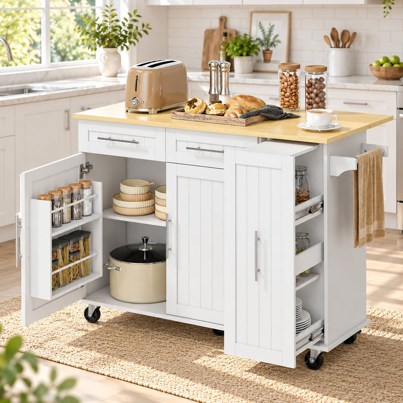 Kitchen island with the door open showing a spice rack, a shelf of pans and pull-out shelves