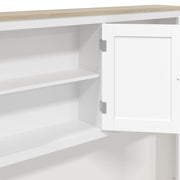 Close-up of an open cupboard door with a shelf and silver hinge