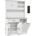White pantry cabinet with oak-effect top, open tilt-out door and black power strip on a white background